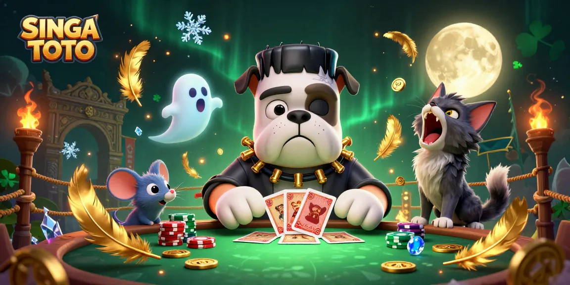 SINGA TOTO menampilkan karakter kasino unik dengan bulldog Frankenstein, kucing werewolf, dan mouse hantu di meja permainan.