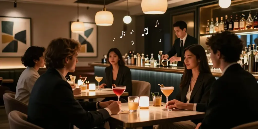 세이렌 쩜오의 세련된 바 분위기에서 고객들이 음료를 즐기고 있는 모습입니다.