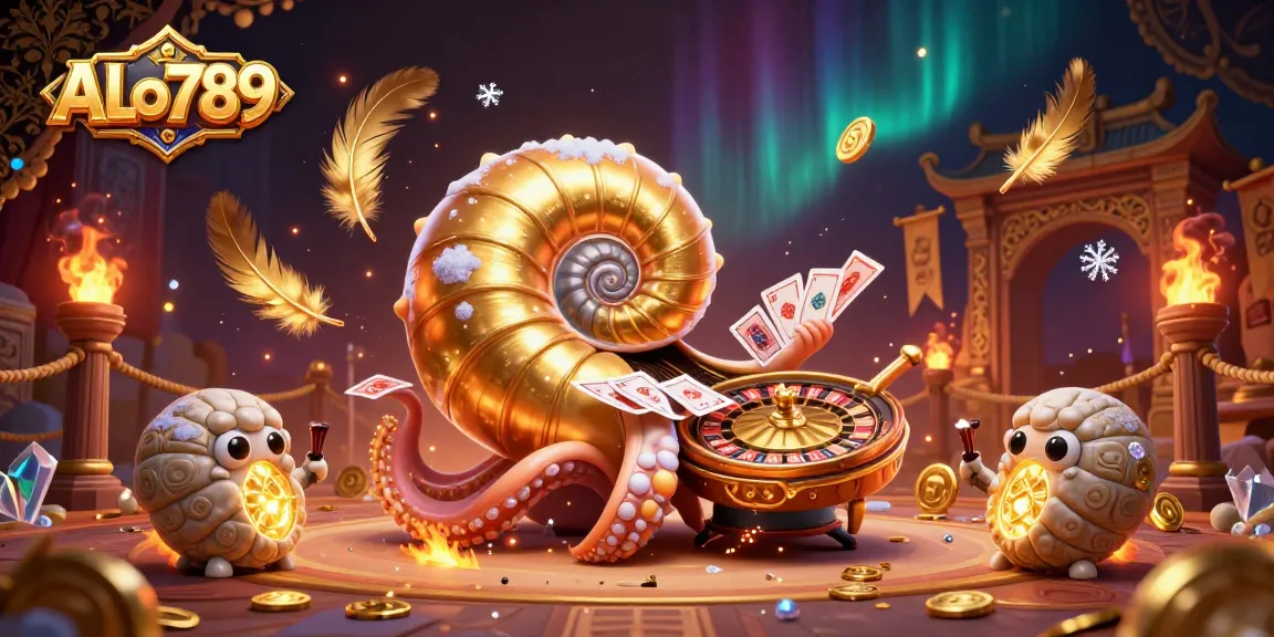 Play with thrilling action at ALo789, showcasing a dazzling gambling scene with a giant nautilus and ancient treasures.