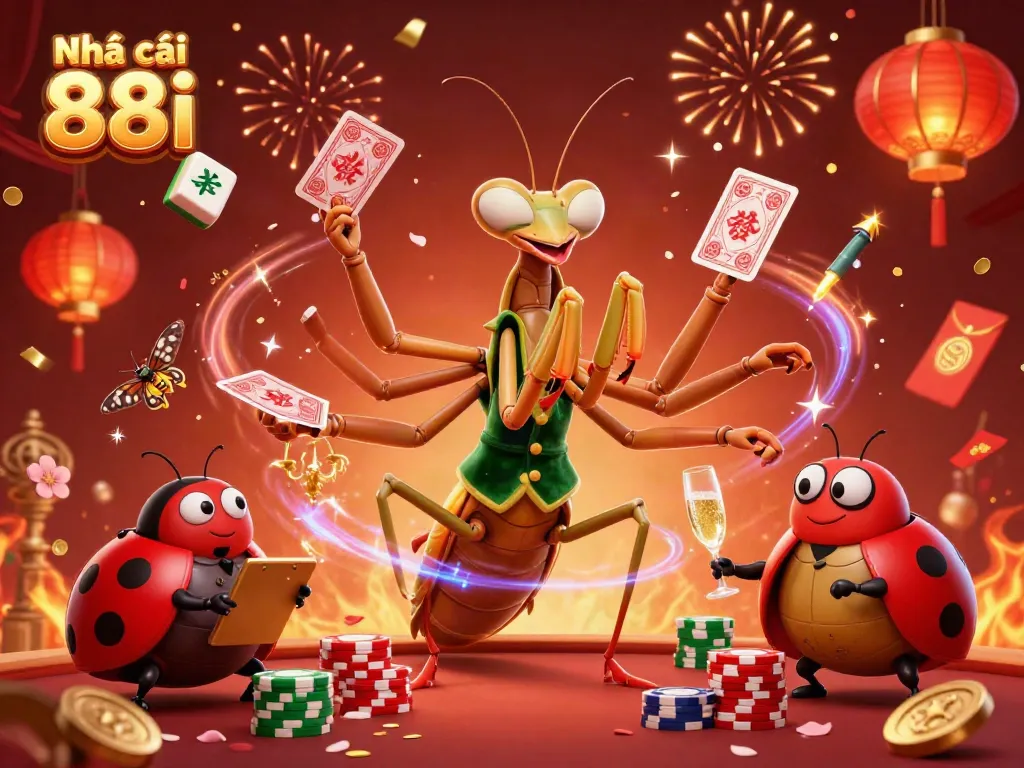 Experience the vibrant atmosphere at Nhà cái 88i with a lively 3D casino scene featuring a giant praying mantis and a ladybug pit boss.