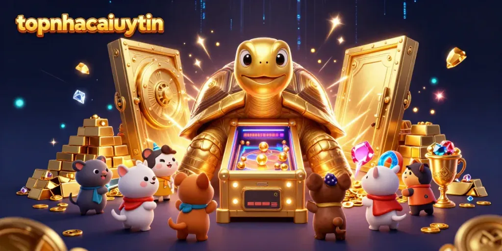 Engage with the dazzling games at topnhacaiuytin featuring a golden tortoise pinball machine.