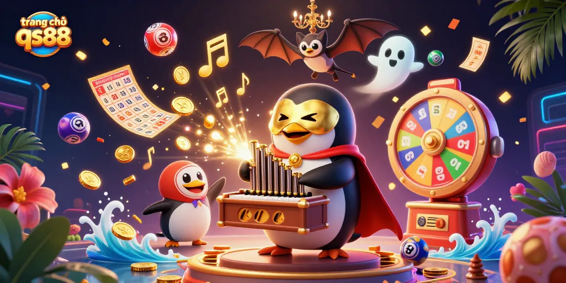Experience the excitement of the trang chủ qs88 casino with a vibrant, animated scene featuring a penguin playing a golden organ.