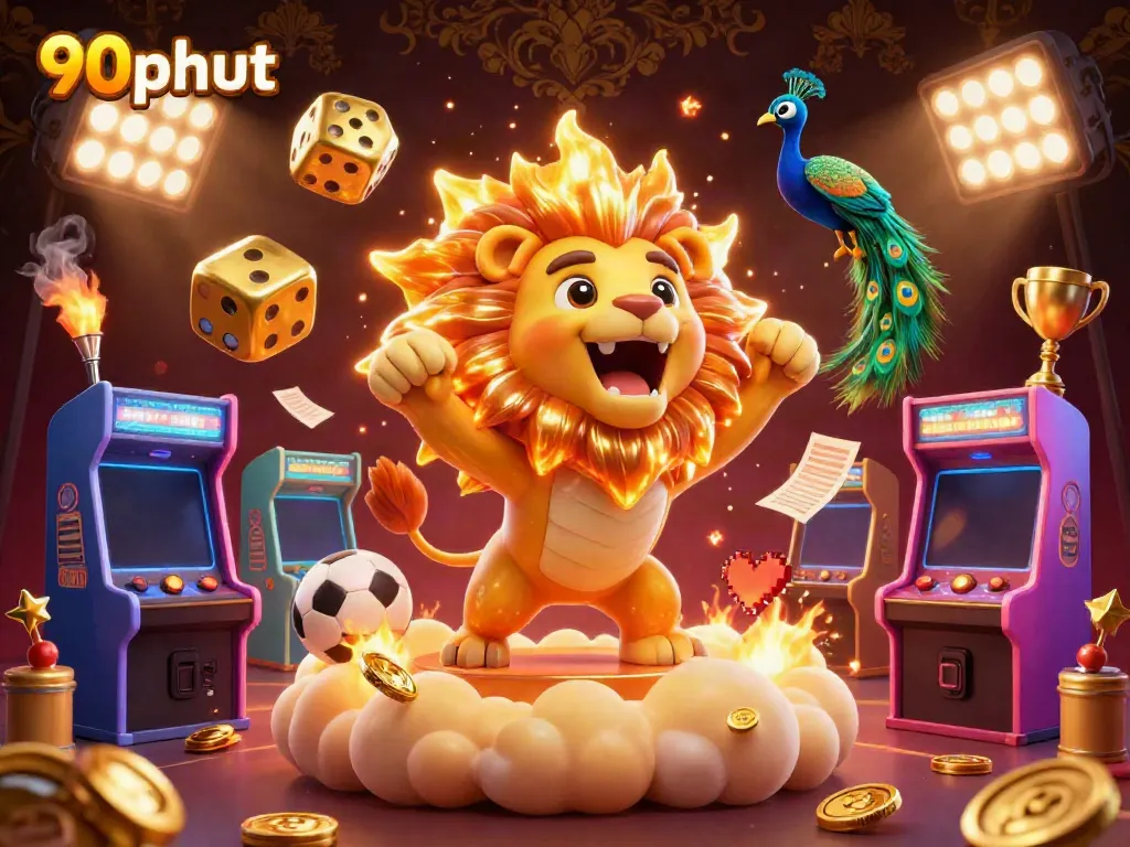 Experience exhilarating sports betting action with 90phut's vibrant 3D illustration featuring a roaring lion and dynamic gaming elements.