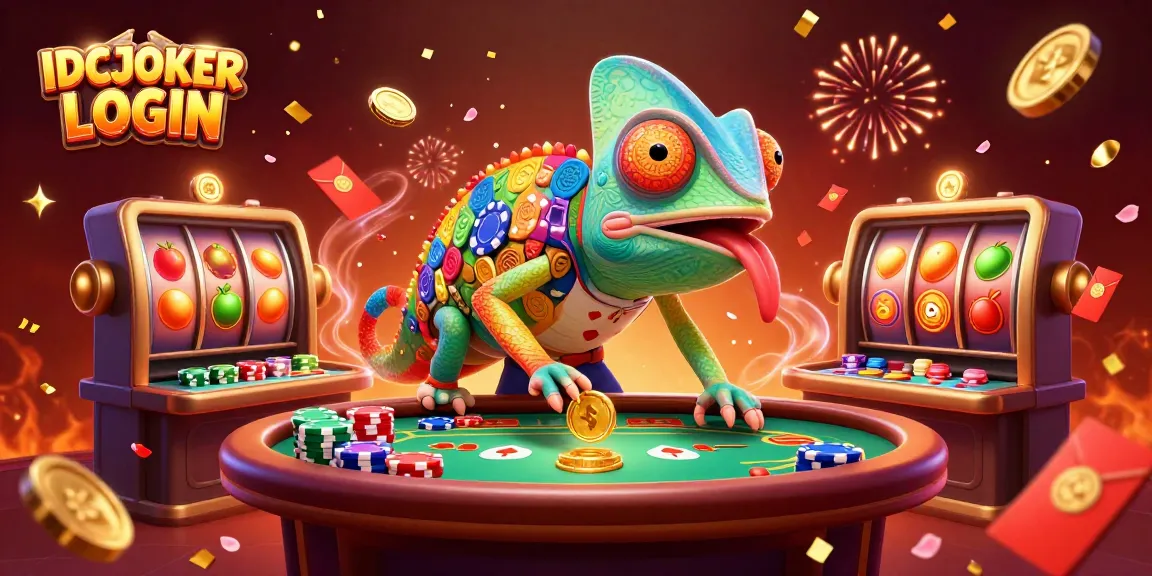 Engaging 3D scene illustrating IDCJOKER LOGIN with a vibrant chameleon casino owner attracting golden coins and slot reels.