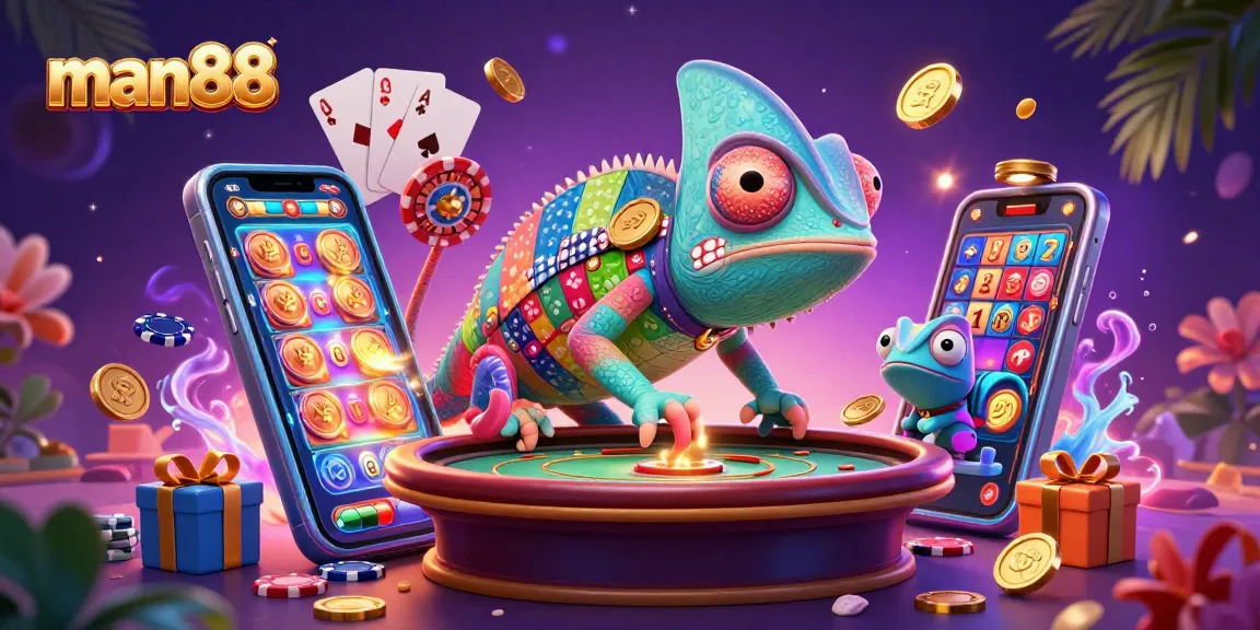 Engage with man88's vibrant casino world featuring a chameleon casino owner amidst games and gold.