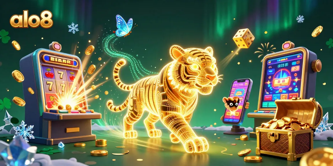 Engage with the thrilling world of alo8, showcasing a golden tiger in a vibrant digital casino scene.