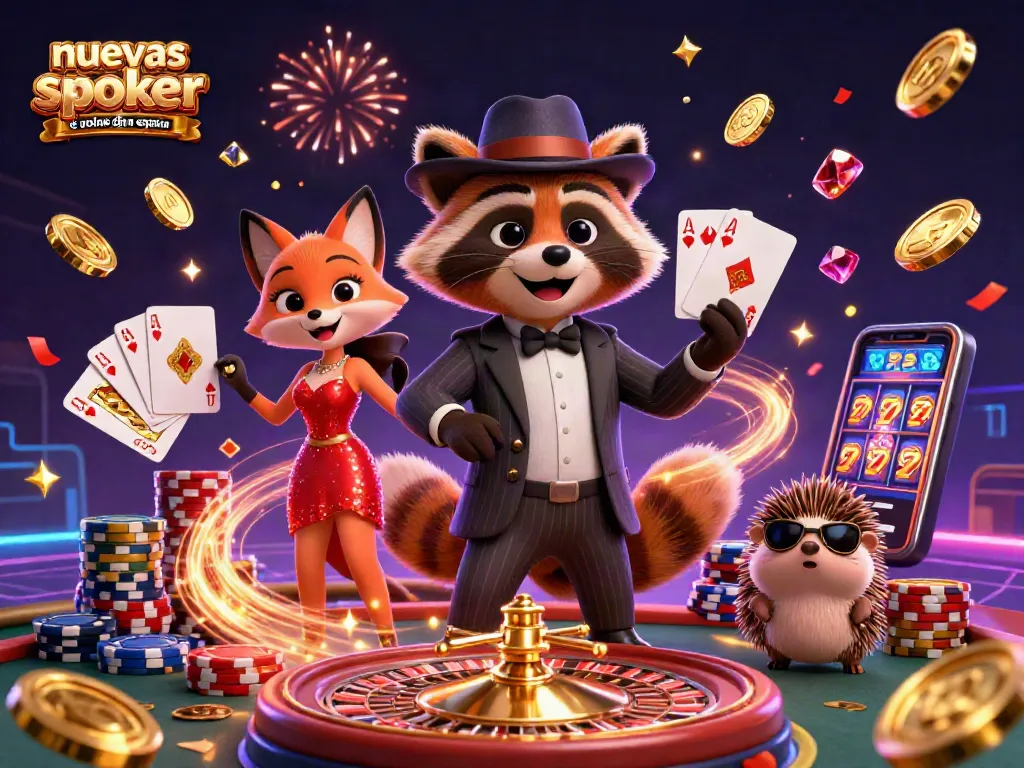 Disfruta de las nuevas salas de póker online en España con una ilustración vibrante de personajes y elementos de casino.