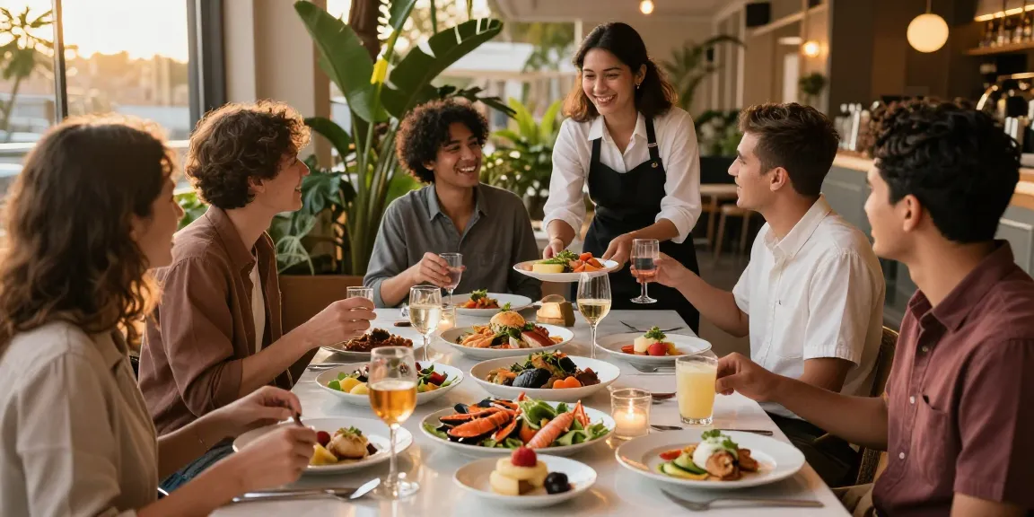 Friends enjoying ROKOK88 recommended dishes at River City Restaurant with vibrant food spread.