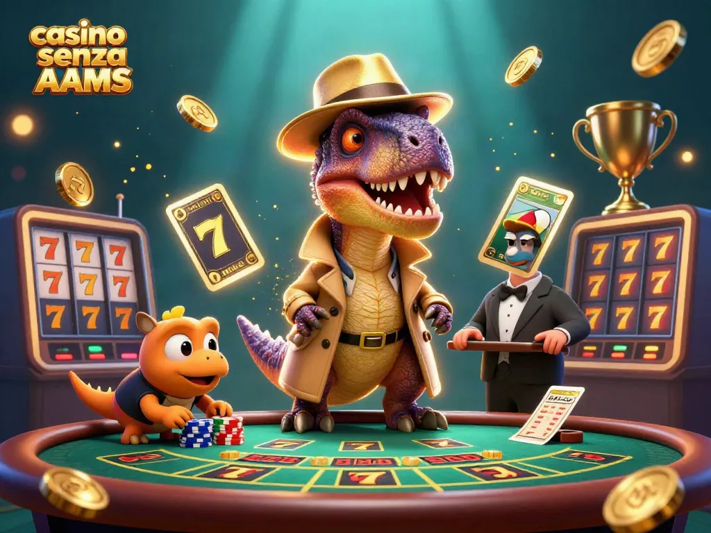 Gioca in un casino senza AAMS con un velociraptor al blackjack, circondato da jackpot e premi.