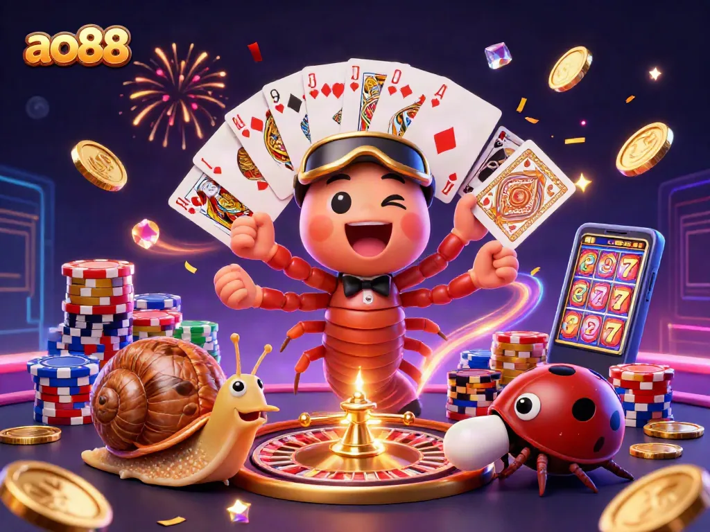Experience winning with ao88 as vibrant characters engage in thrilling casino games amid golden coins and excitement.