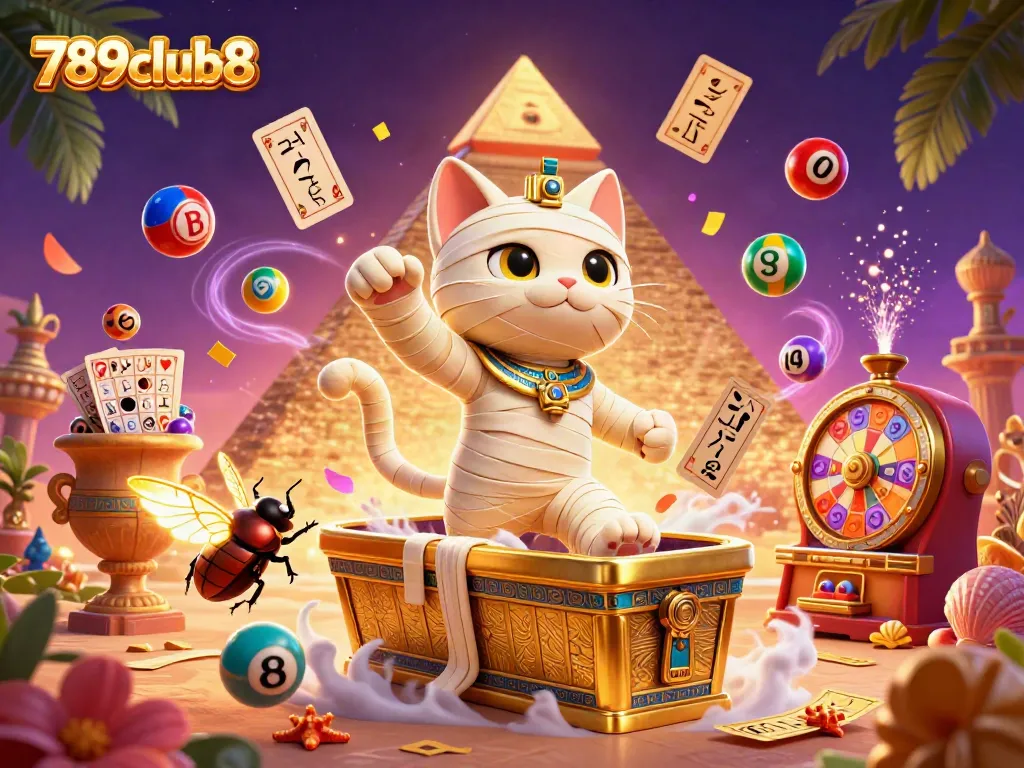 Engage with thrilling gameplay at 789club8 featuring an Egyptian mummy cat and vibrant casino elements.