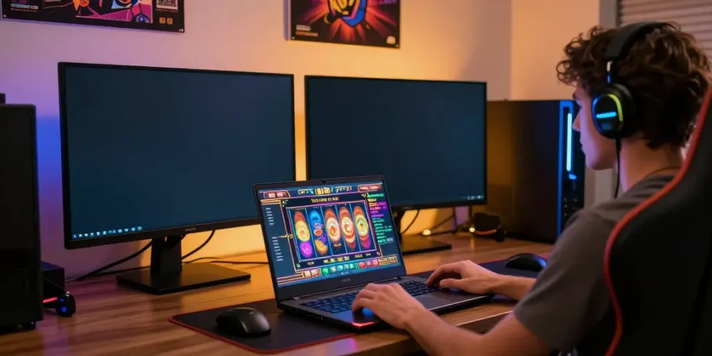 Immersive gaming setup showcasing a player engaging with qqmacan online slot game on a modern laptop.