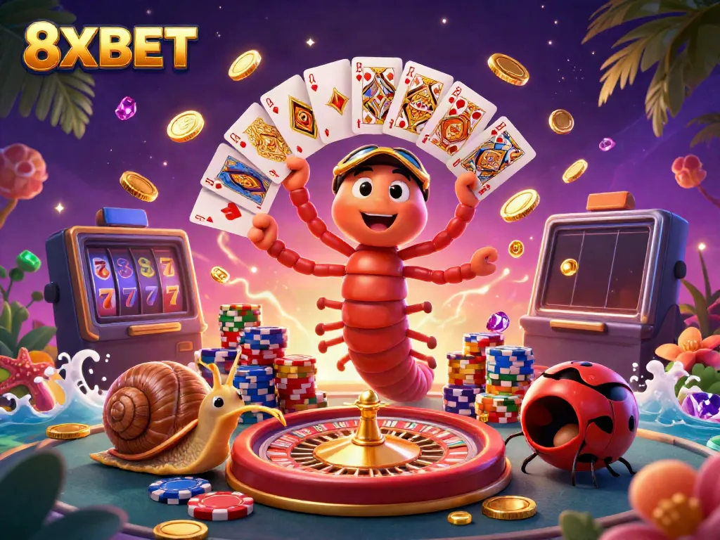Experience the excitement of 8XBET with a vibrant casino scene featuring a cartoon dealer and whimsical characters.