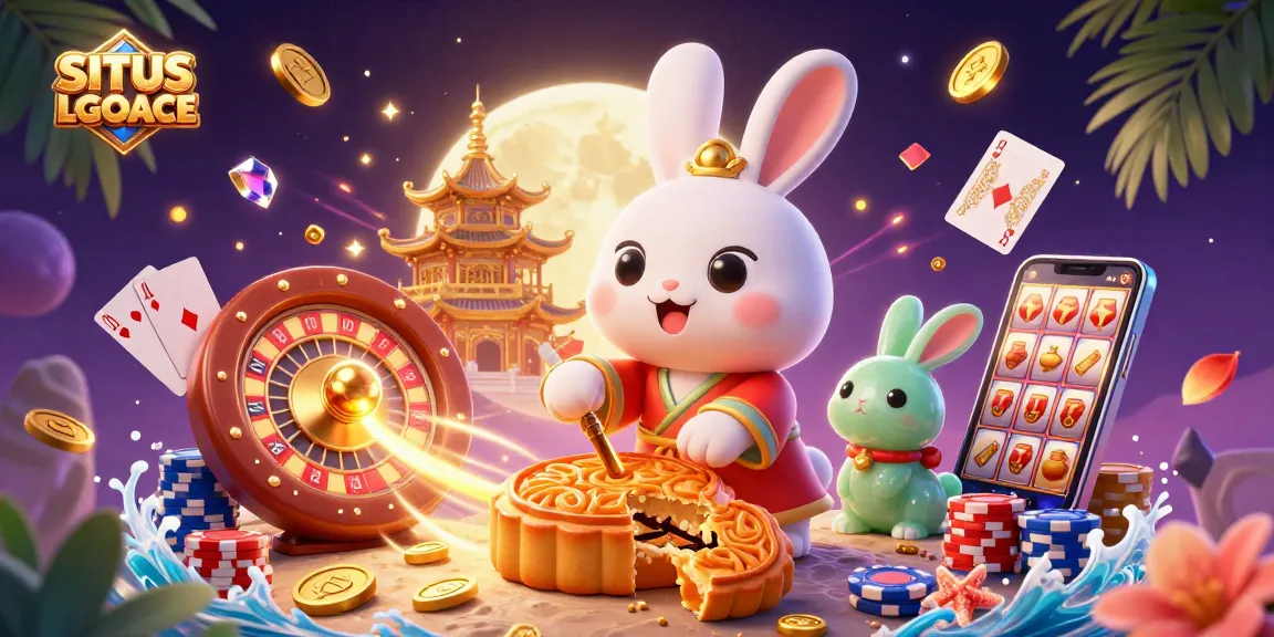 SITUS LGOACE showcases a vibrant 3D scene of a moon rabbit revealing poker chips while golden coins and roulette elements enhance the casino experience.