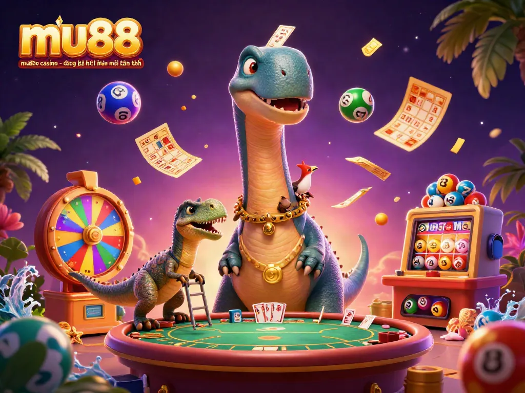 Engaging scene featuring mu88 🎖 mu88 casino - đăng ký nhận khuyến mãi tân thủ with vibrant lottery balls and an animated brontosaurus.