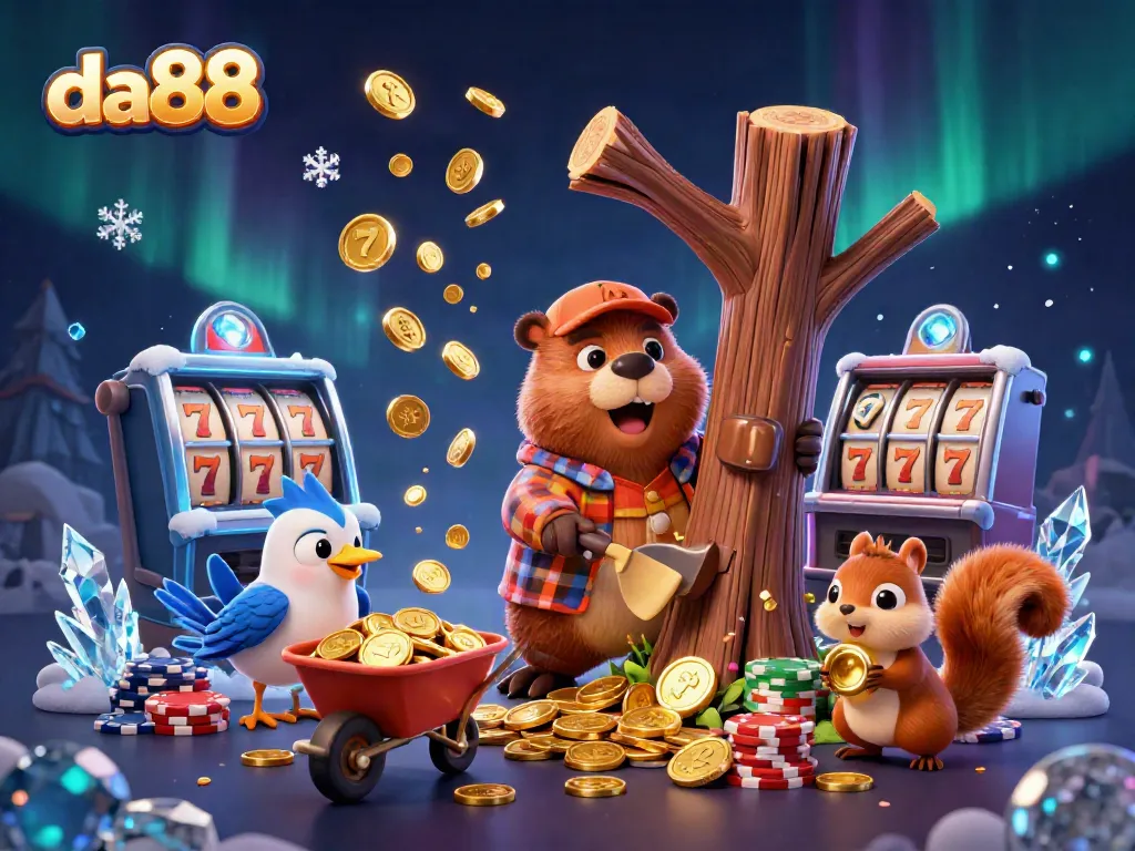 Engaging da88 scene with charming beaver collecting golden coins in a dynamic casino setting.