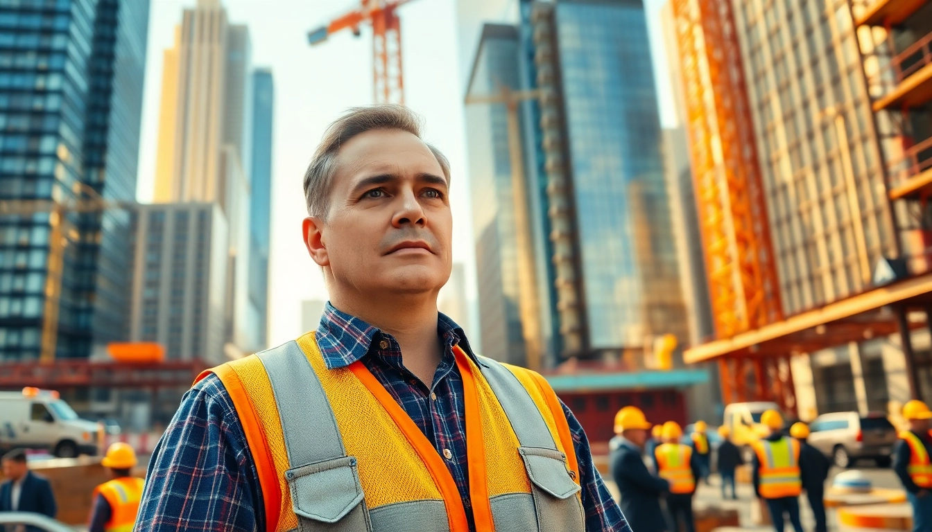 New York City Construction Manager supervising an active construction site in the city.