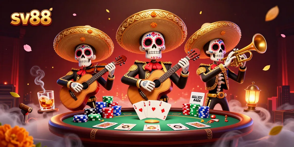 Join the vibrant sv88 mariachi band enjoying poker, showcasing colorful details and casino elements.