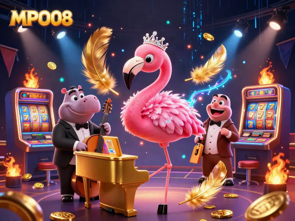 Enter the thrilling world of MPO08 with a vibrant casino scene featuring a flamingo singer and hippo bassist surrounded by dynamic game elements.