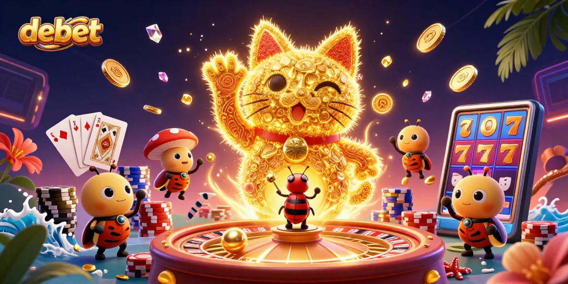 Engage with debet's vibrant 3D casino scene depicting a lucky cat and exciting gaming elements.