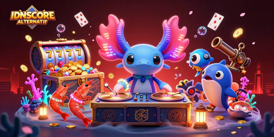 Spin to win at IDNSCORE ALTERNATIF with neon-themed characters and vibrant slot game elements.