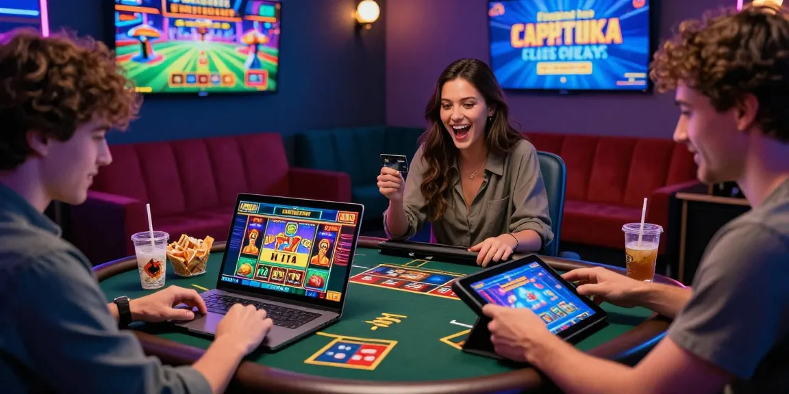 Players enjoying credit card casinos in a vibrant online gaming room with engaging slot games and live dealers.