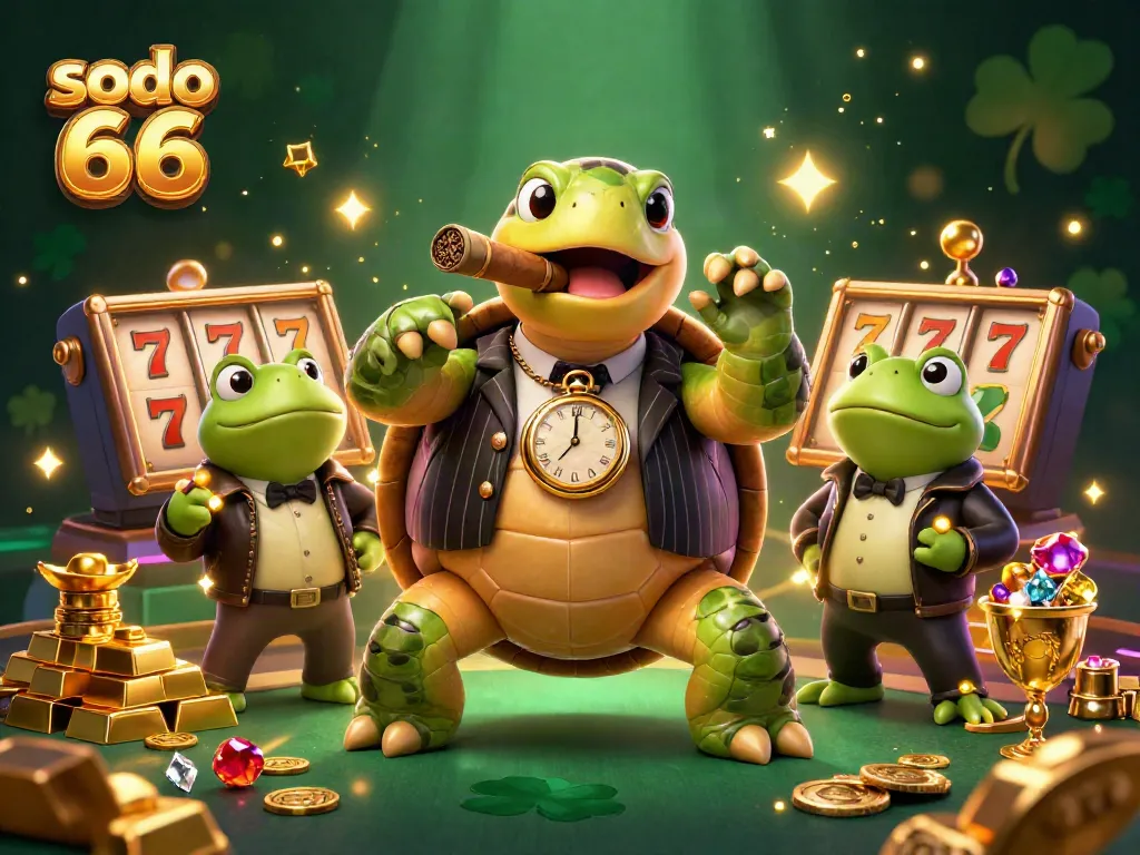 Experience excitement at sodo 66 with this dynamic illustration of a casino scene featuring a turtle mobster and frog enforcers.
