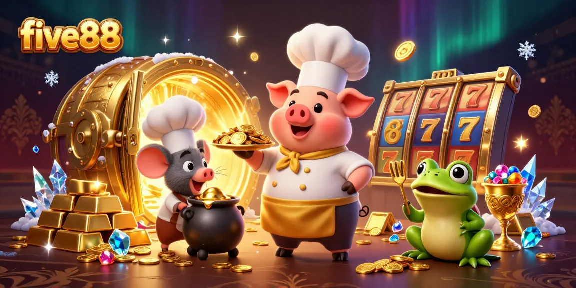 Engage in five88's casino adventure with characters surrounded by golden treasures and slot reels