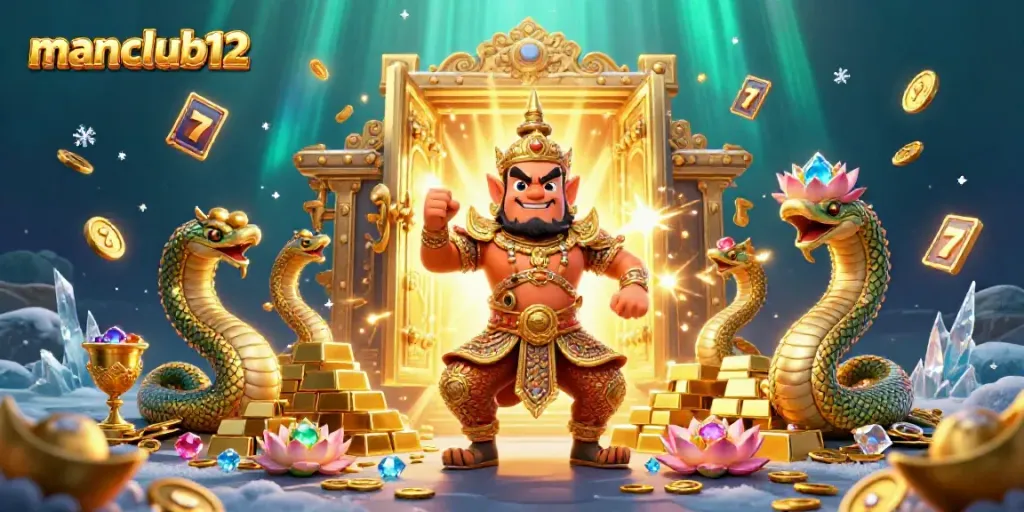 Experience vibrant gaming at manclub12 with a lively slots illustration featuring a golden guardian and treasures.