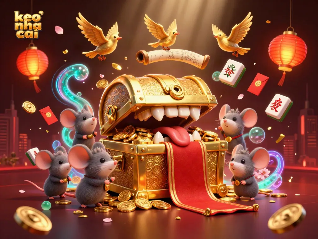 Experience thrilling adventures in "keo nha cai" gameplay surrounded by treasures and festive decor