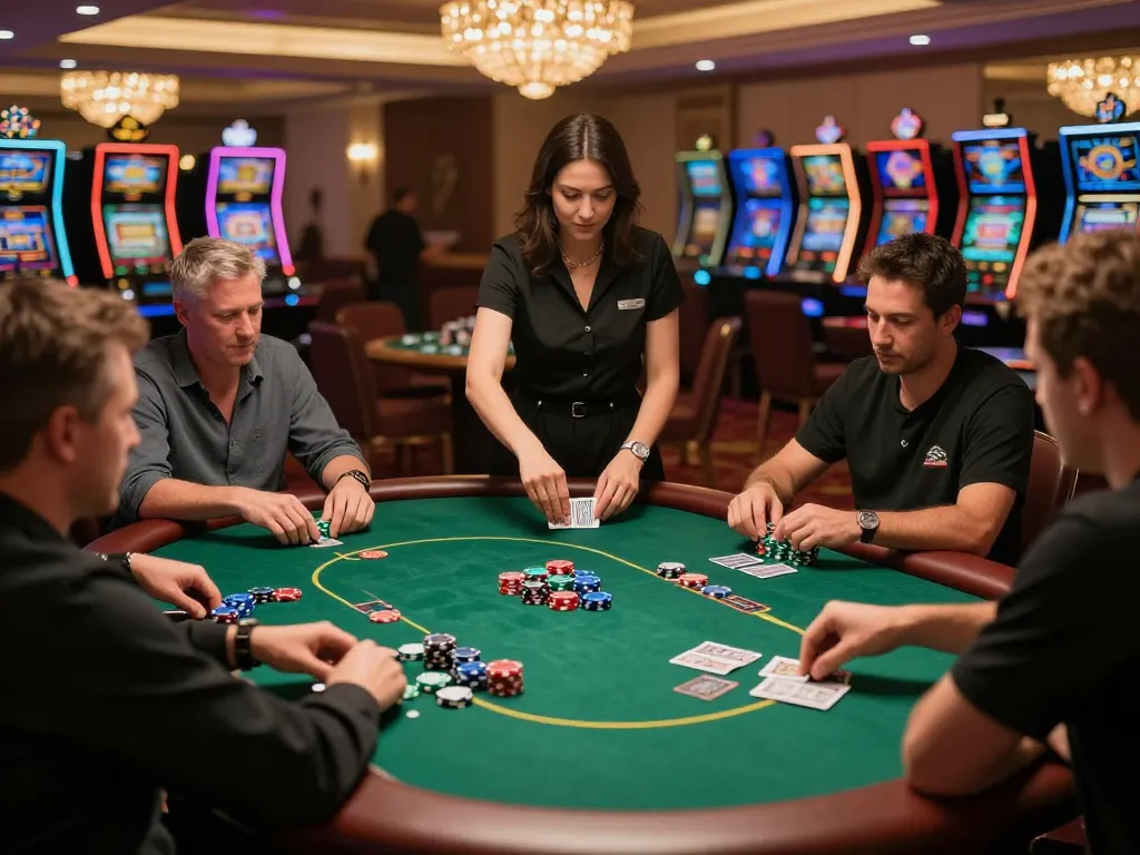79king players strategizing during an intense poker game in an upscale casino atmosphere.