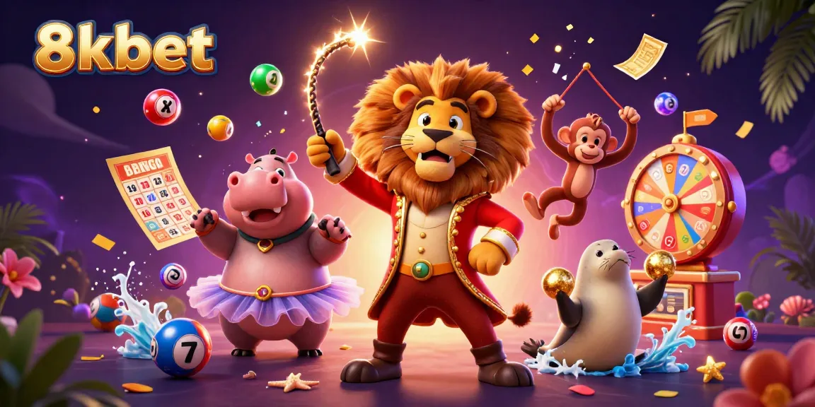 Join the excitement at 8xbet with colorful lottery balls, a lively casino atmosphere, and fun characters!