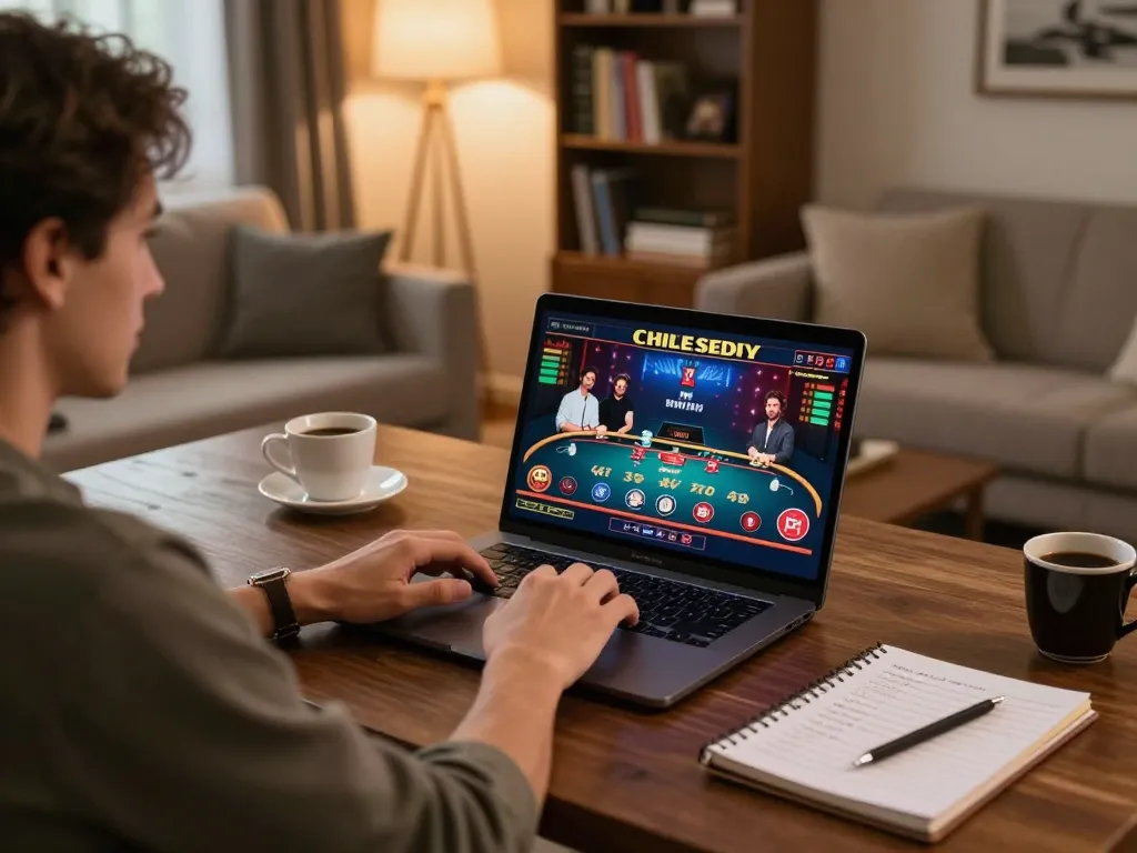 Player enjoying F168 online casino game from home, showcasing vibrant graphics and strategic setup.
