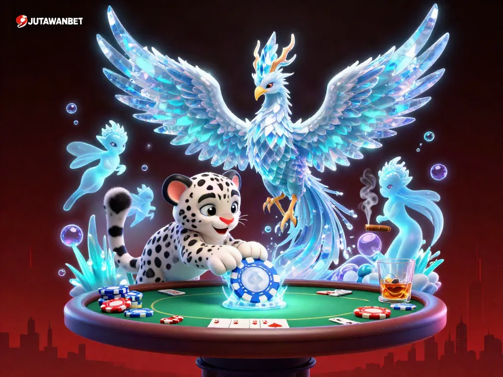 Experience JUTAWANBET with a vibrant scene featuring a snow leopard cub and an ice phoenix in a casino setting.
