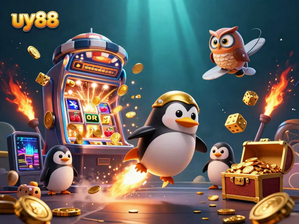 Experience the excitement of uy88 with a thrilling casino-themed 3D illustration featuring dynamic game elements.