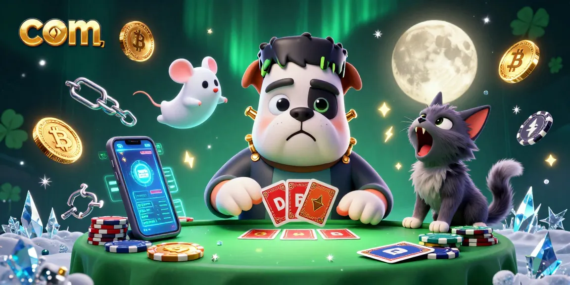 Join the fun at com with a Frankenstein bulldog dealing cards in a vibrant casino scene.