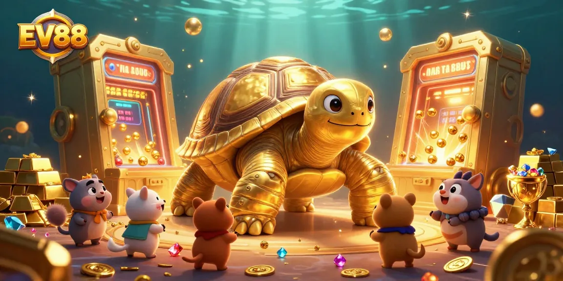 Experience thrilling wins at EV88 with a cartoon tortoise in a vibrant casino scene filled with treasures.