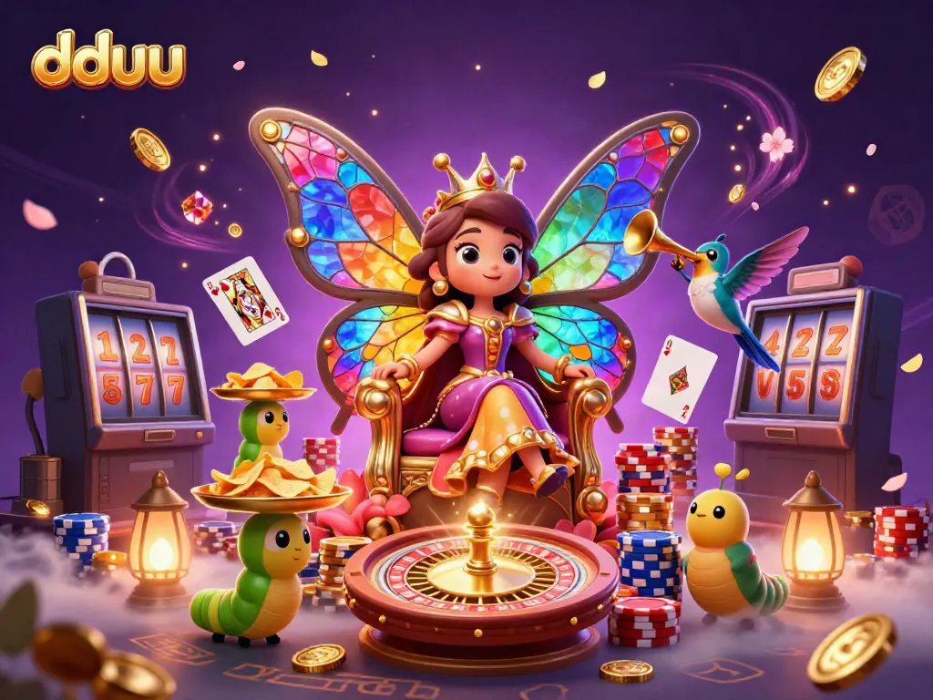 Experience dduu with vibrant game elements like cascading coins and a colorful butterfly queen.