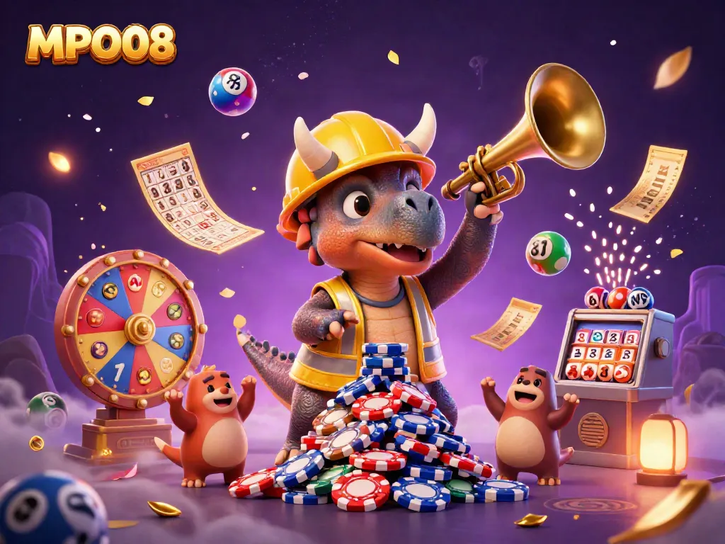 MPO08 showcases a lively triceratops building poker chips amongst colorful lottery elements in a vibrant casino theme.