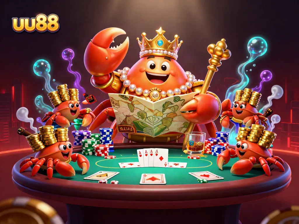 Experience uu88's vibrant atmosphere with a golden crab emperor and poker surround.
