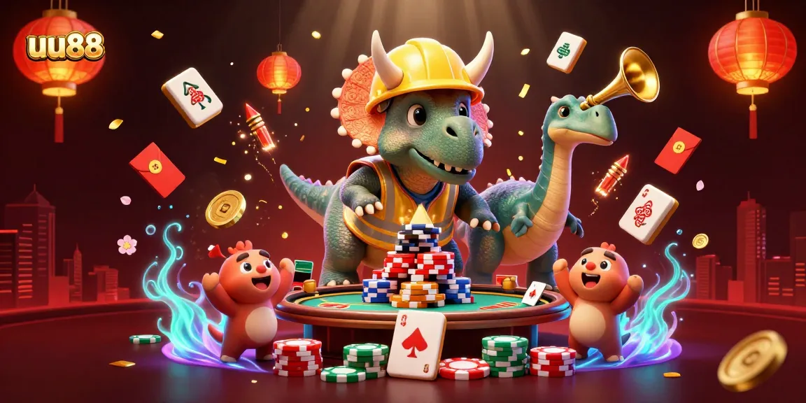 Celebrate with uu88 as cartoon dinosaurs build poker chips amid festive gambling icons.