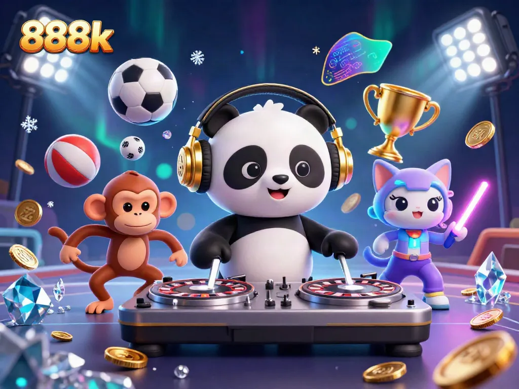 Experience the excitement of 888k with a vibrant 3D illustration featuring a DJ panda and casino elements.