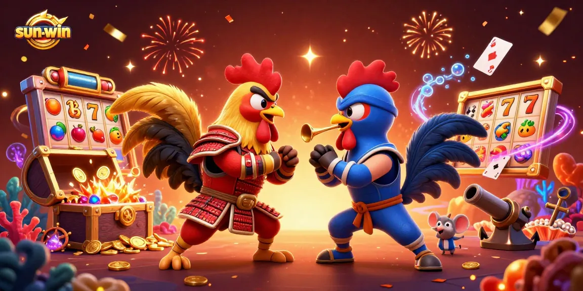 Engage in thrilling gameplay with sun-win's dynamic slots, featuring battling roosters and vibrant symbols.