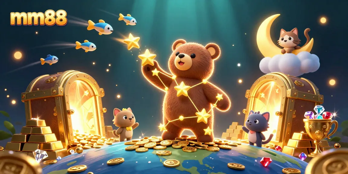 Engage with MM88 gameplay through dynamic treasures and whimsical characters in a captivating scene.