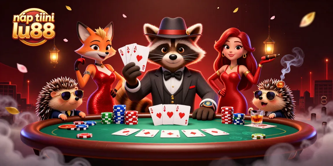 Engage with the thrill of nạp tiền lu88 at a vibrant poker scene with animated characters and gambling elements.