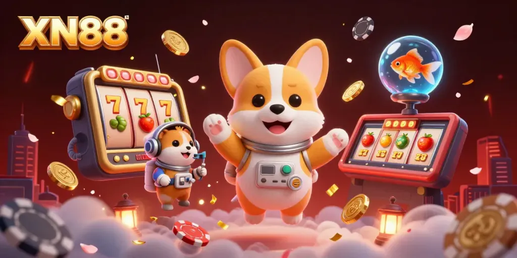 Experience thrilling online gaming with XN88’s dynamic casino scene featuring characters in a zero-gravity casino.