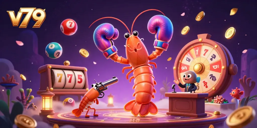 Win big at v79 with lottery balls, vibrant 3D characters, and casino excitement.
