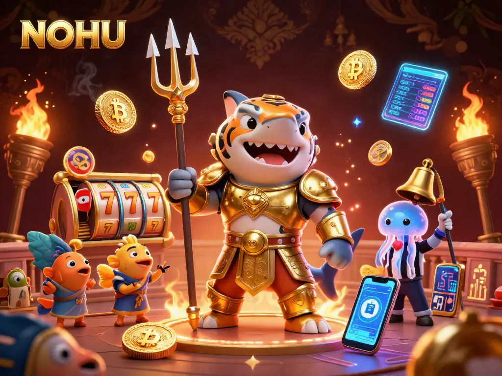 Engage with thrilling NOHU casino action featuring a gladiator shark amidst jackpots and neon cryptocurrency elements.