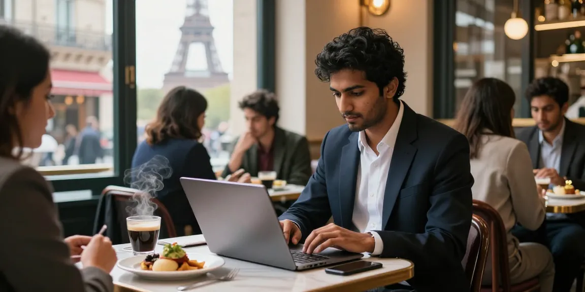 Internship in France for Indian students, professional setting in Parisian café, student engaged in culinary project.