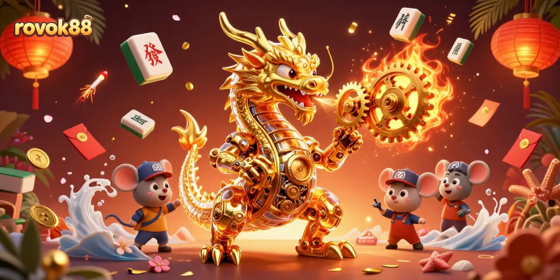Experience the excitement of rokok88 with vibrant gaming elements and a golden dragon in a chaotic casino scene.